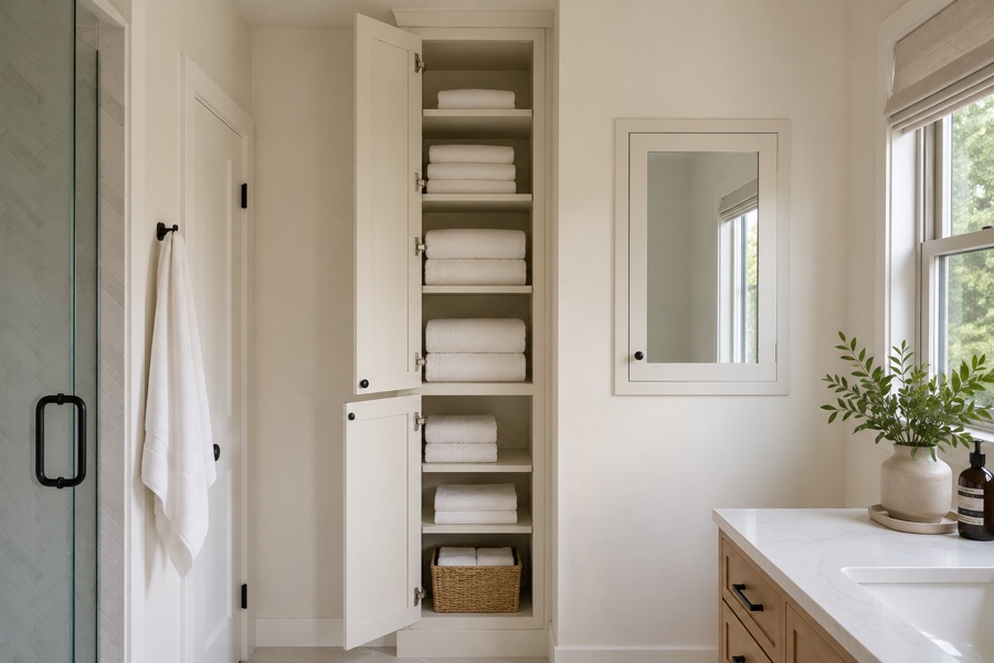 Painted floor-to-ceiling linen tower with adjustable shelves beside a recessed medicine cabinet in a Peninsula bathroom