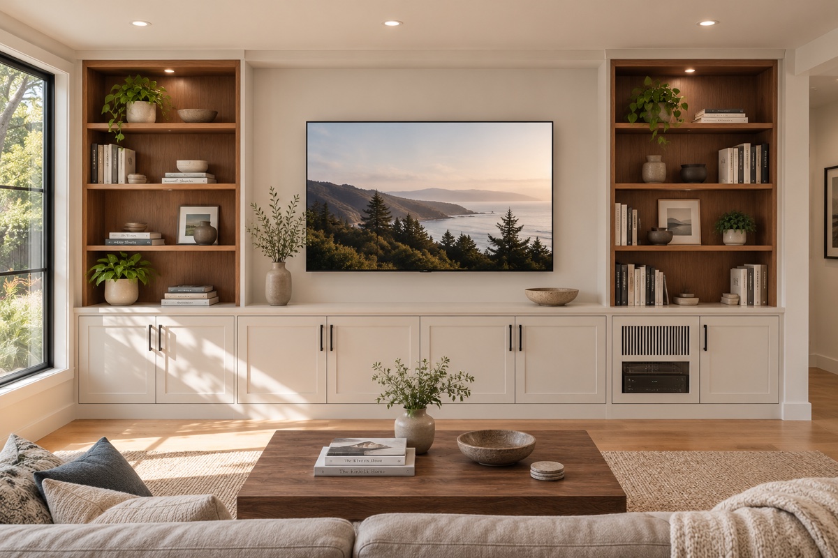 Custom built-in media wall with closed base storage and open walnut shelving flanking a television in a San Mateo living room