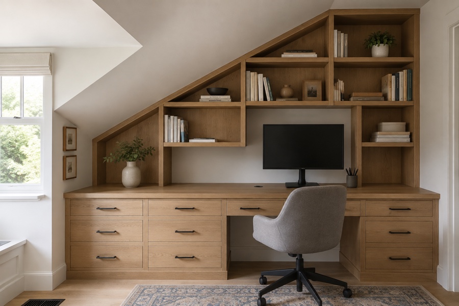 Built-in home office wall with a desk, file drawers, and adjustable shelving fitted under a sloped ceiling in a Peninsula house