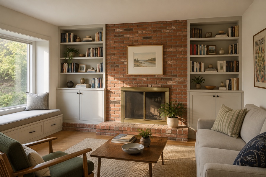 Floor-to-ceiling built-in bookcases and a window seat fitted around a brick chimney in a mid-century Peninsula living room