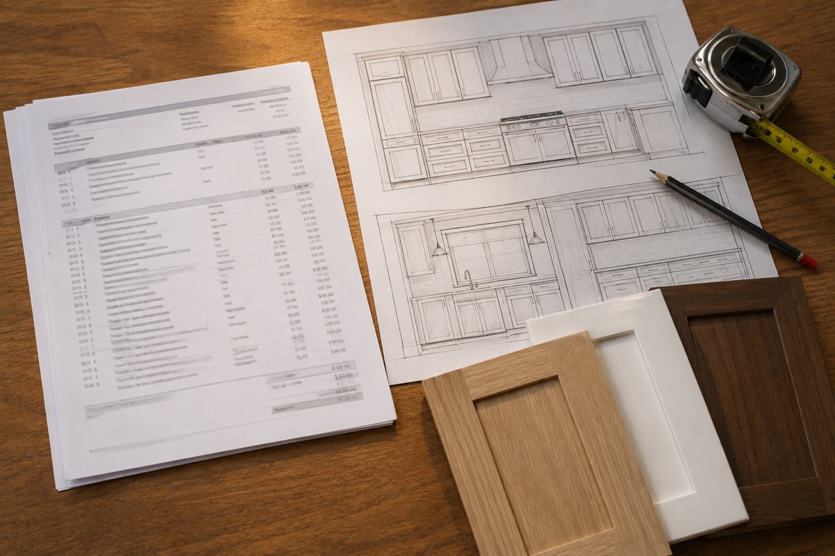 An itemized cabinet quote and kitchen elevation drawings laid out beside a tape measure and door samples