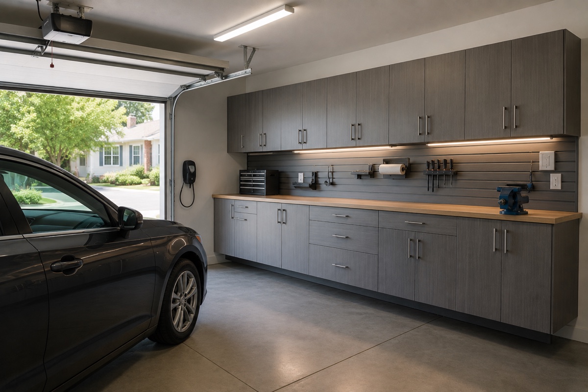 Wall-hung gray laminate garage cabinets above a workbench with a car parked in the bay of a San Mateo garage