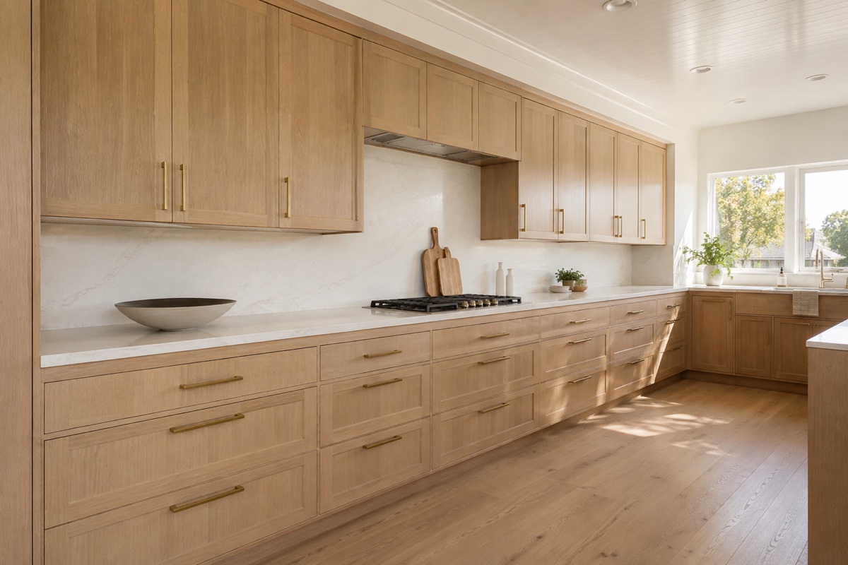 Custom white oak kitchen cabinets with inset doors and brass pulls installed in a San Mateo home
