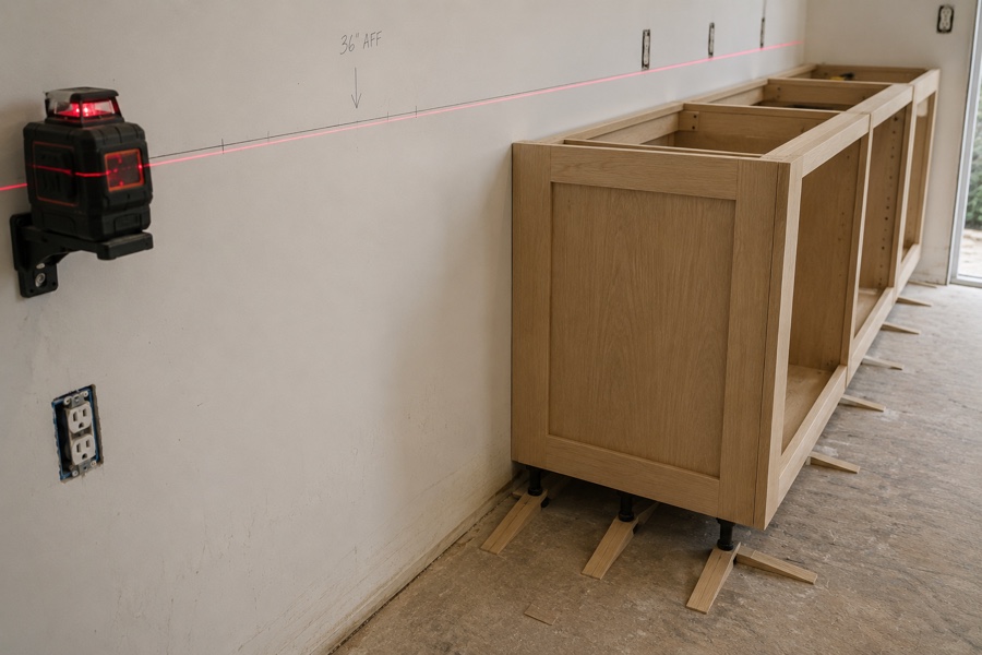 Level reference line marked across a kitchen wall in an older Peninsula home