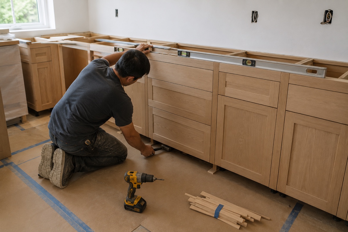 Installer shimming and leveling a run of base cabinets against a wall in a San Mateo kitchen