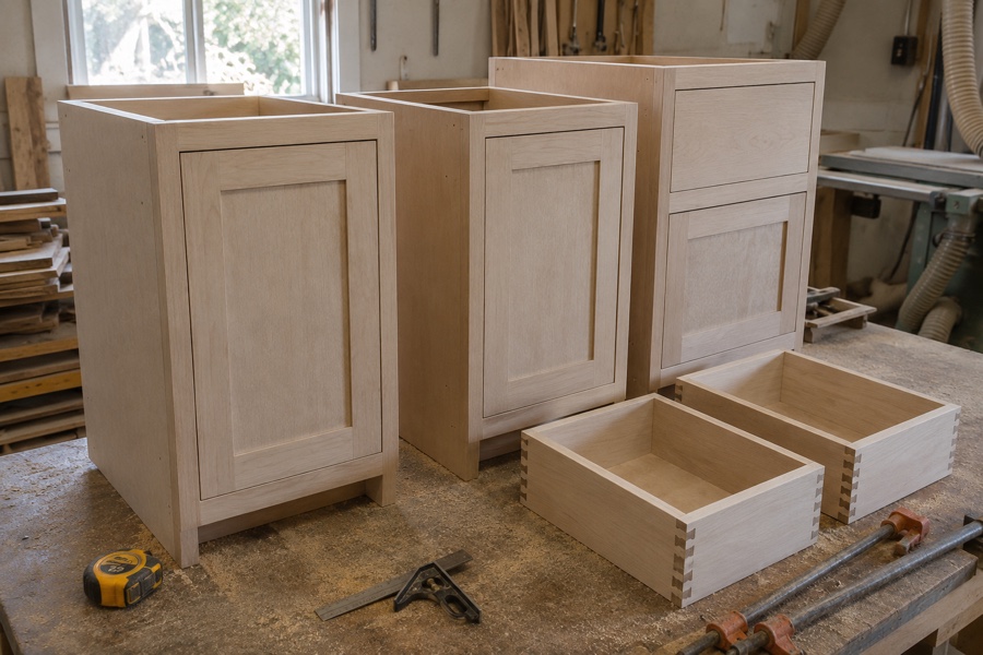 Plywood cabinet boxes with inset painted doors and dovetailed drawer boxes fitted in a cabinet shop