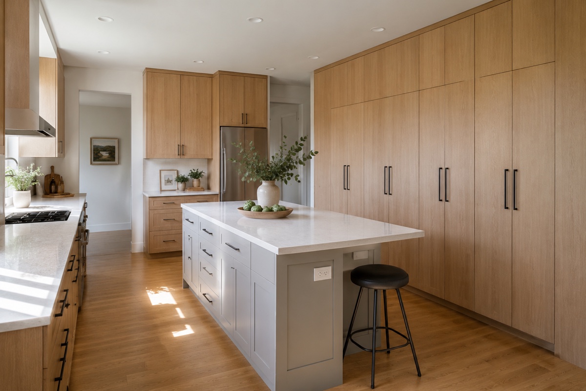 Custom rift white oak kitchen cabinets with a full-height pantry run and a painted island in a San Mateo kitchen