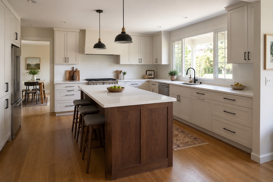 Painted shaker kitchen cabinets with a walnut island and deep pot drawers in a remodeled Peninsula kitchen