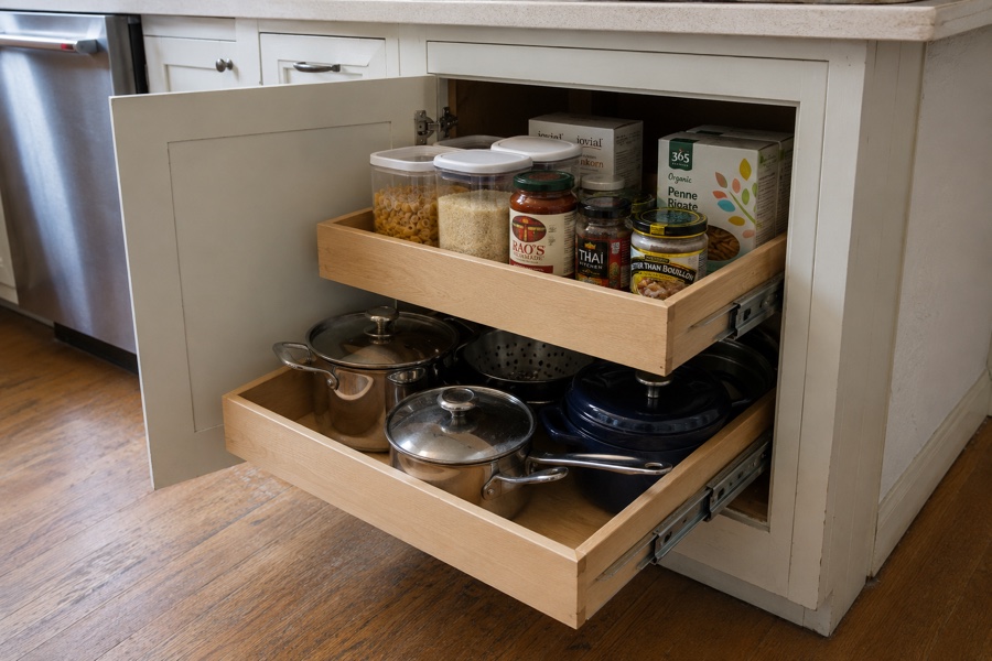Full-extension rollout shelves fitted into an existing base cabinet in a 1950s ranch kitchen on the Peninsula
