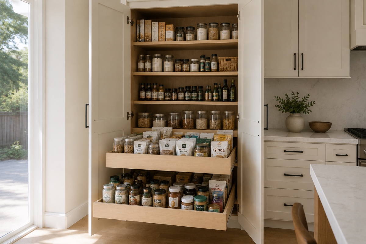 Tall painted pantry cabinet with full-extension rollout shelves open, holding dry goods in a San Mateo kitchen