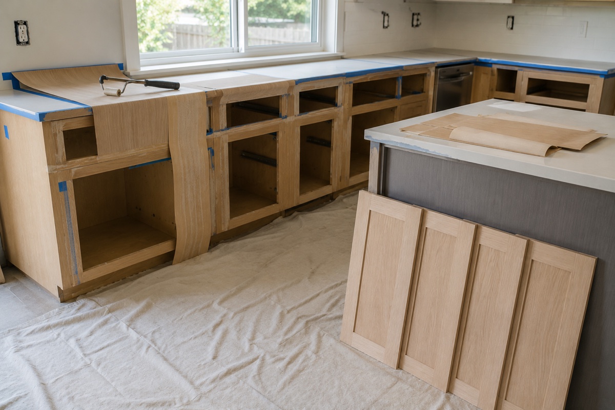 Kitchen cabinet face frames being skinned with white oak veneer while new shaker doors wait to be hung in a San Mateo kitchen