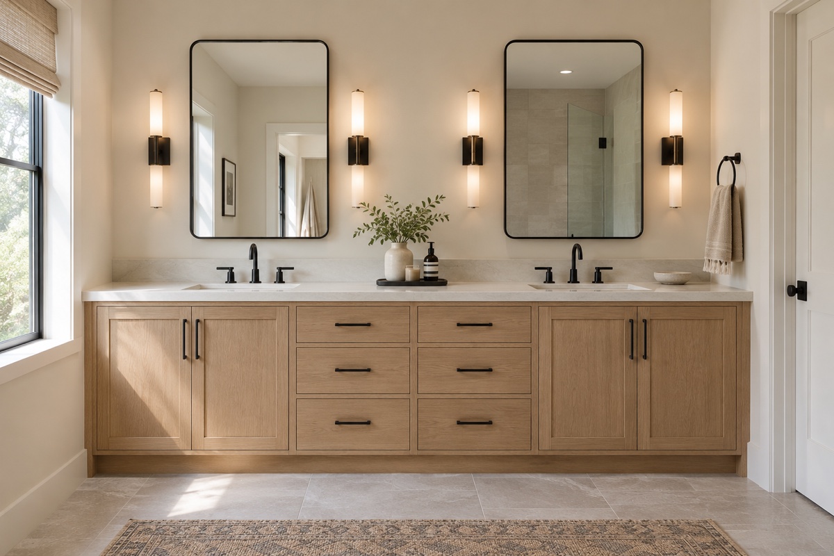 Custom white oak double bathroom vanity with six drawers and a stone top in a San Mateo bathroom
